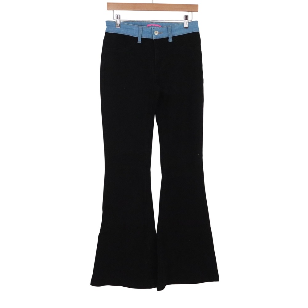 Edikted Pants Womens M Flare Bell Bottom Black Blue Contrast Waist Excellent